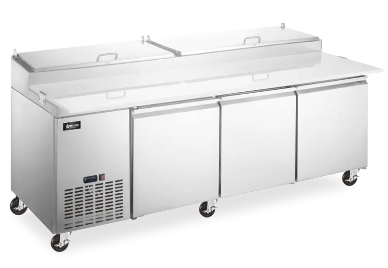 92-Inch Triple-Door Refrigerated Pizza Prep Table – 24 Cu. Ft Capacity, Stainless Steel Construction (Model 50044) 1