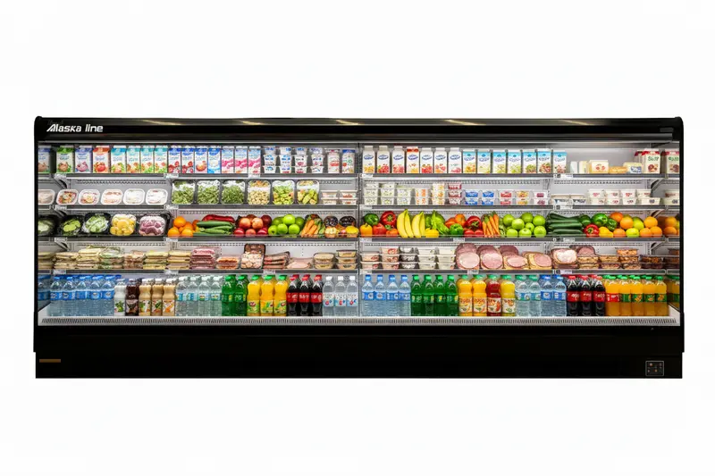 Alaska Line Hit-1572 Open-Air Floor Display Cooler – 202 Inches With Curtain 1