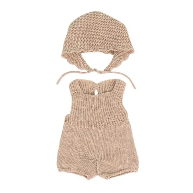 Beige Knit Romper And Bonnet Set For 15-Inch Baby Dolls 1