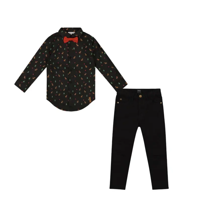 Black Poplin Shirt With Bow Tie & Stretch Twill Pants Outfit 1