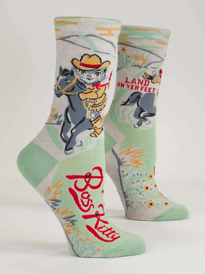 Blue Q Women’S Crew Socks – 'Boss Kitty' 1
