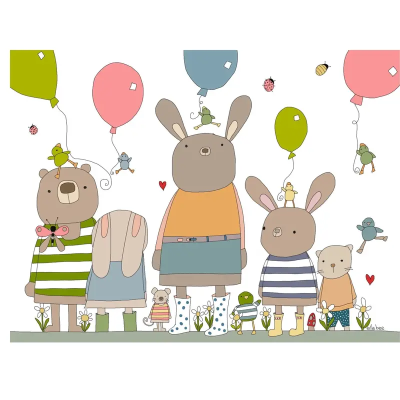 Bunnies, Bear & Balloons Birthday Card – Joyful Multi-Character Illustration 1
