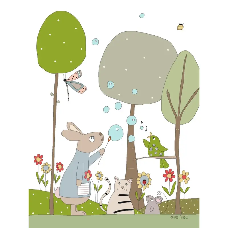 Bunny Blowing Bubbles Birthday Card – Delightful, Airy Illustration 1