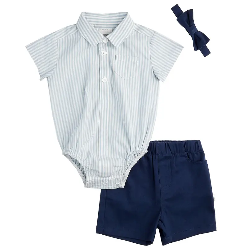 Celestial Blue Yarn-Dyed Striped Shirt And Short Set With Bowtie 1