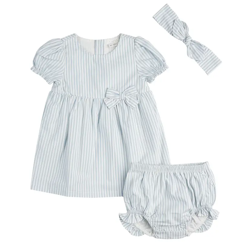 Celestial Blue Yarn-Dyed Striped Woven Dress For Kids 1