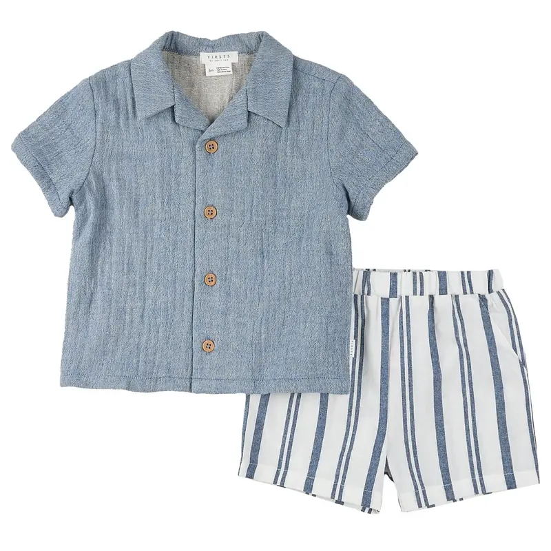 Chambray Shirt And Striped Shorts Set 1