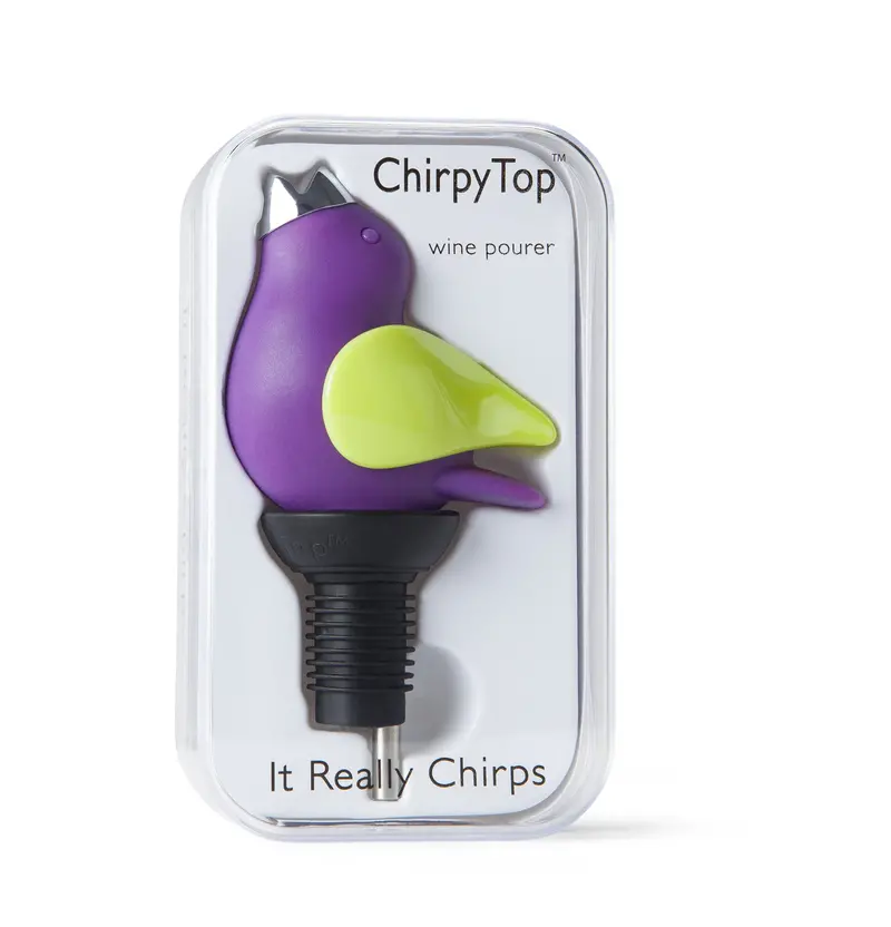 Chirpytop Purple Wine Pourer With Green Accent Wings 1