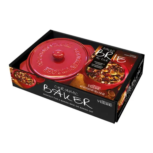 Gourmet Village Cranberry Almond Brie Topping Set – Red Ceramic Gift Box With Gourmet Spread 1