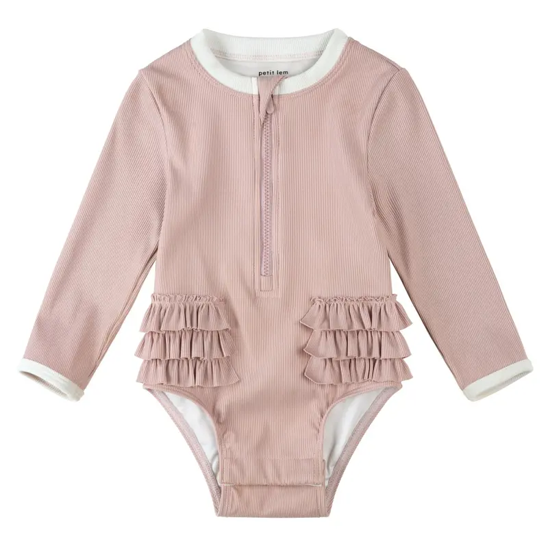 Lavender Ribbed Long-Sleeve Swimsuit – Upf 50+ Protection 1