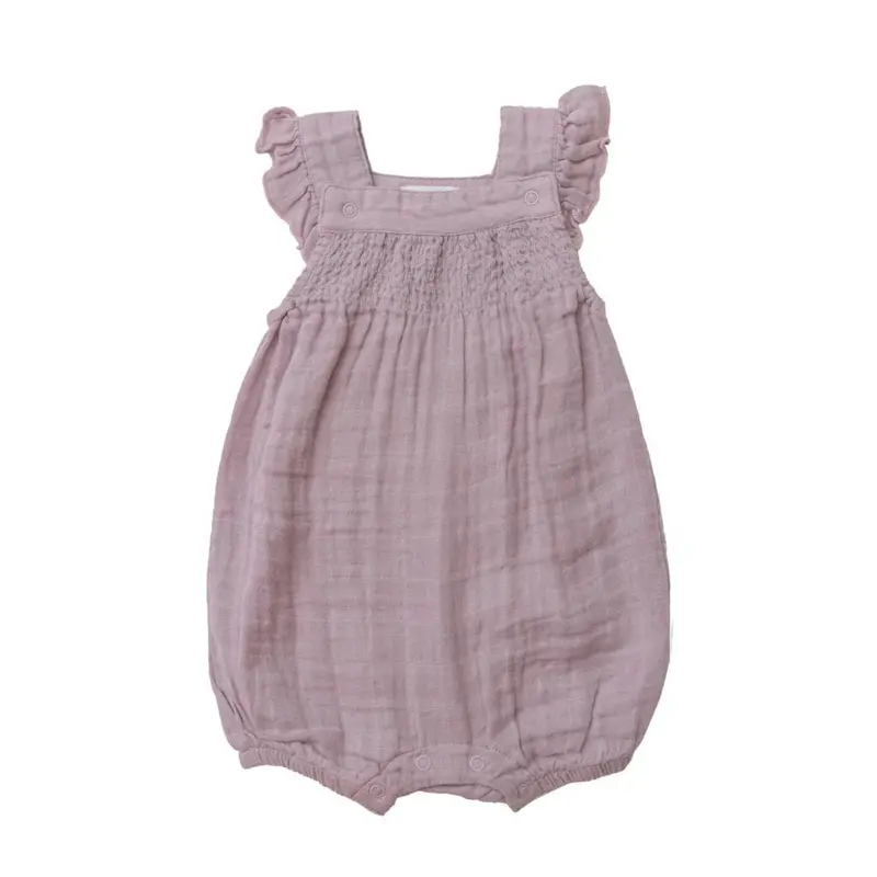 Lavender Smocked-Front Organic Muslin Overall Shortie 1