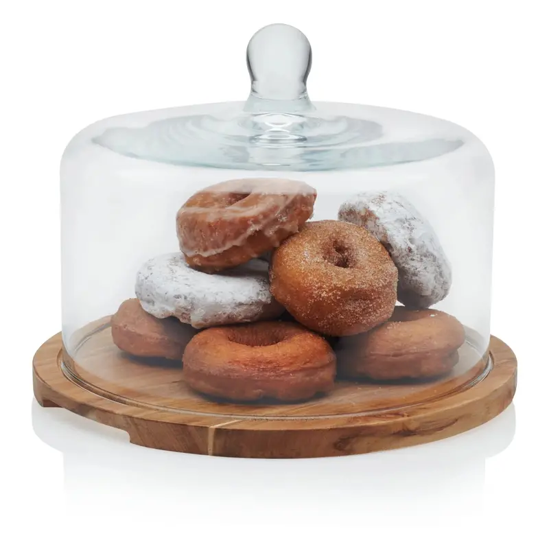 Libbey Acacia Wood Round Flat Cake Stand With Removable Lid – Natural Finish 1