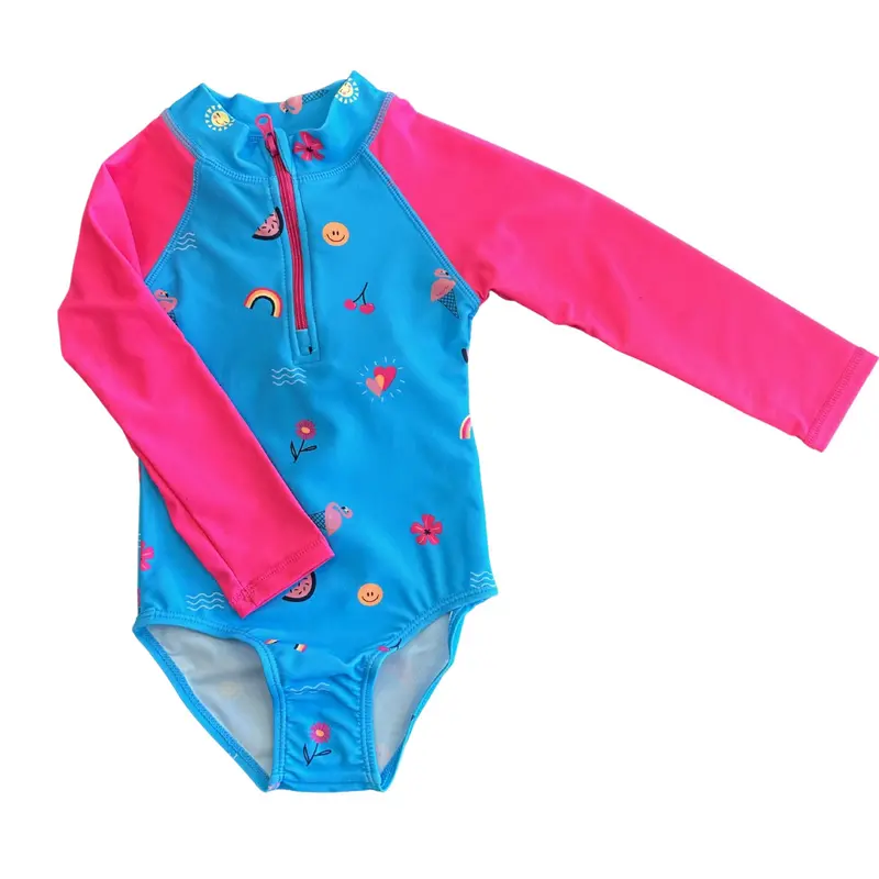 Long-Sleeve One-Piece Swimsuit – River Blue Pattern 1