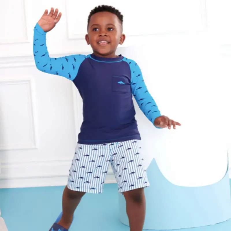 Long-Sleeve Rashguard & Board Shorts Set – Shark Silhouette Print 1
