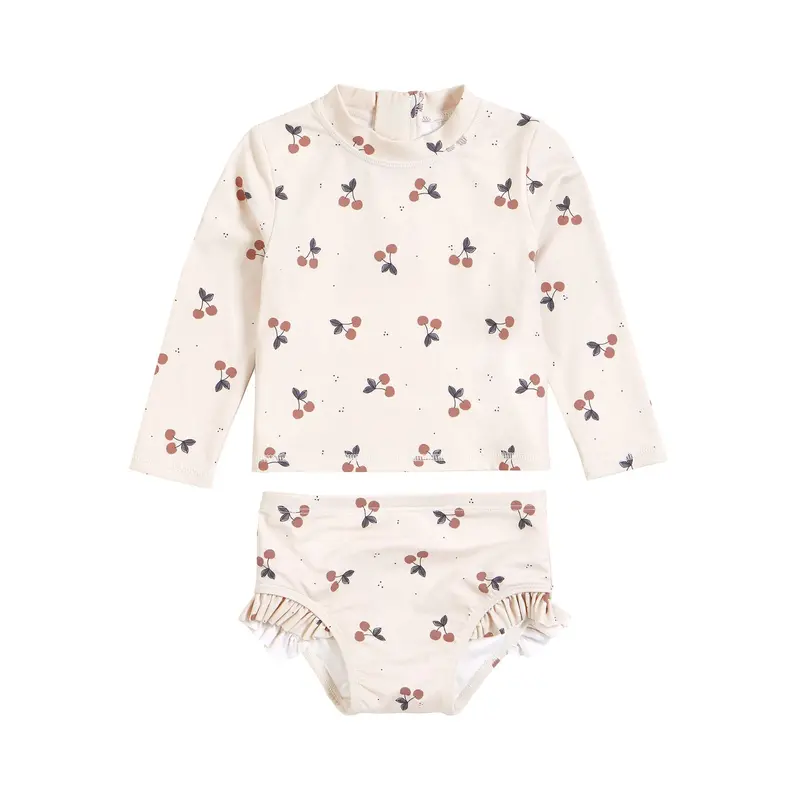 Long Sleeve Swim Set – Cream Background With Cherry Design For Kids 1