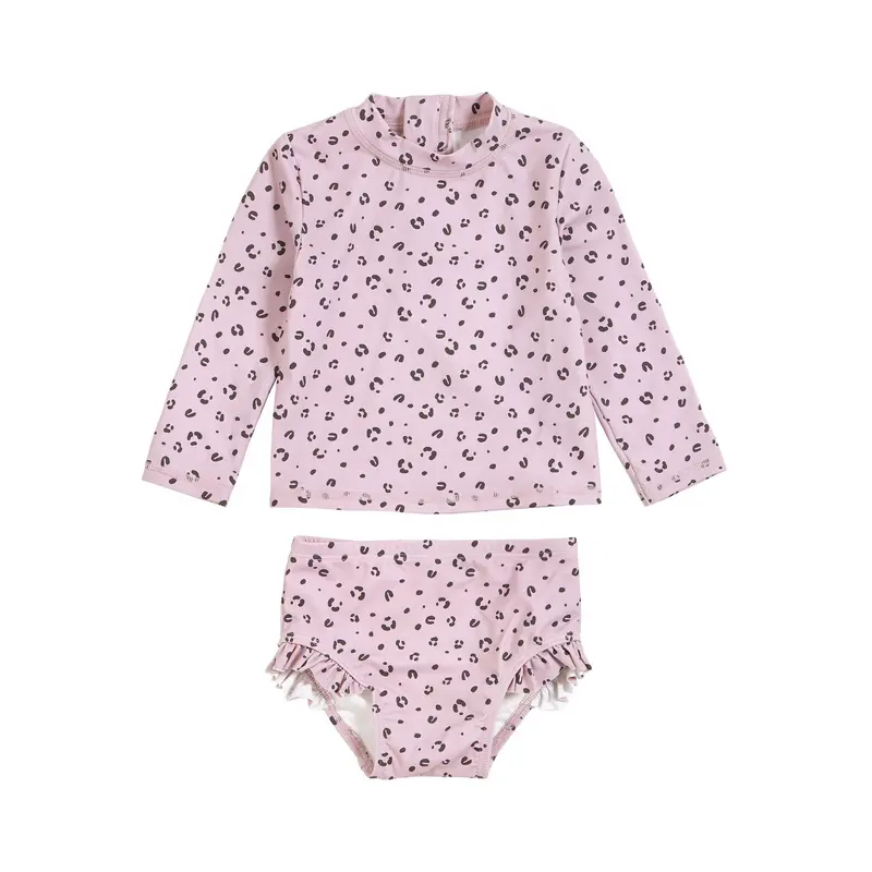 Long Sleeve Two-Piece Swim Set – Violet Base With Cheetah Print For Girls 1