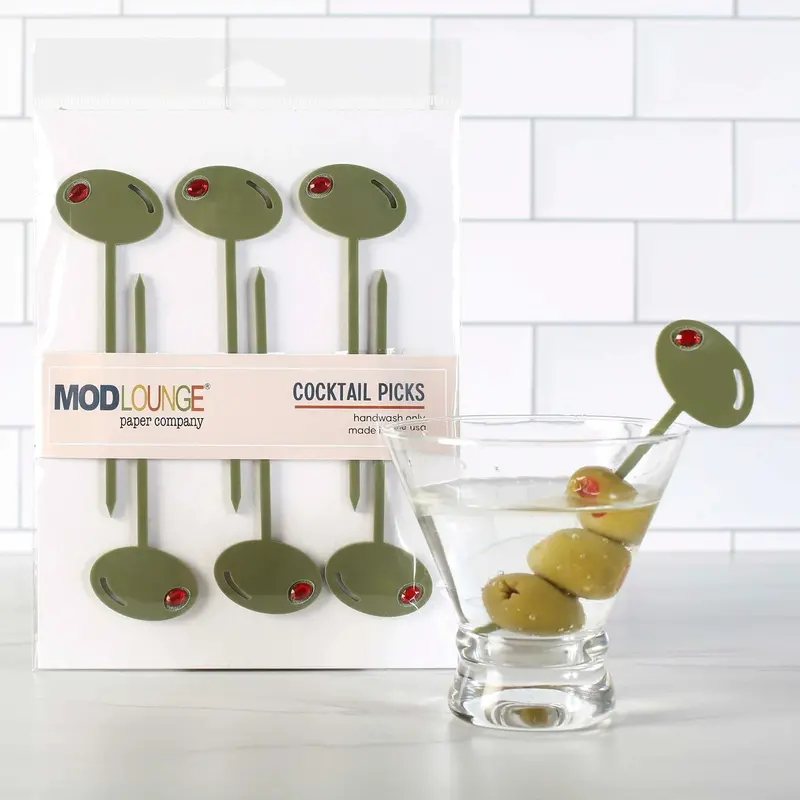 Mod Lounge Acrylic Olive Cocktail Picks – Set Of 6, Retro Design 1