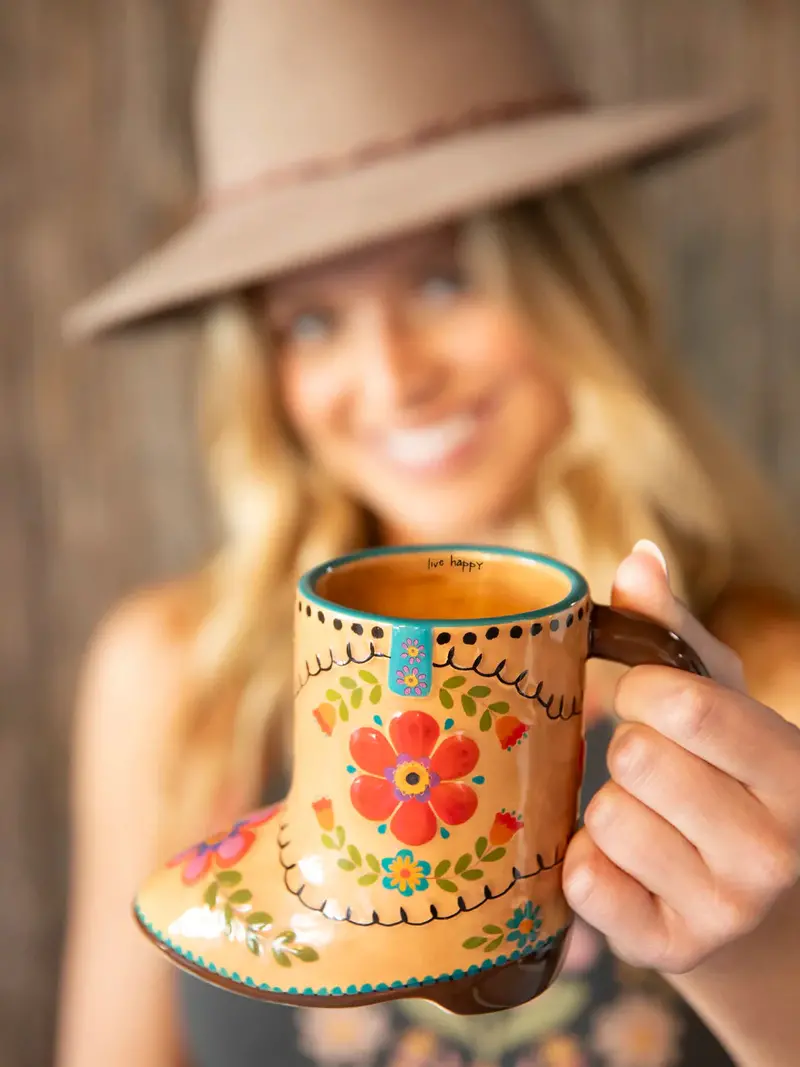 Natural Life Folk Art Ceramic Mug – 'Live Happy Boot' Design 1