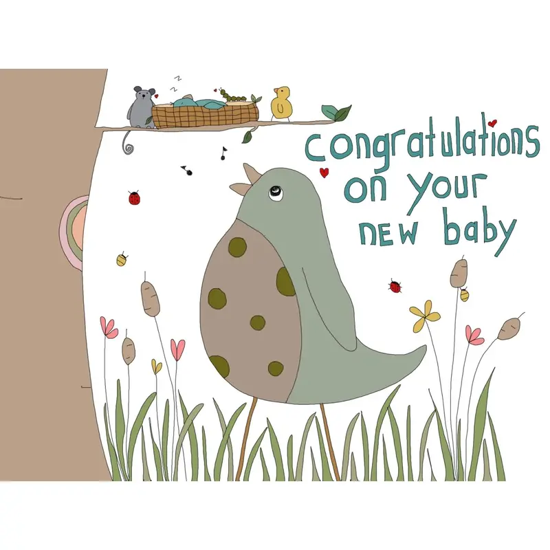 Newborn Announcement Card: Mama Bird Nesting With Her Little One 1