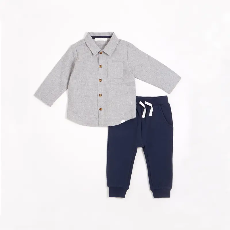 Organic Flannel Top & Knit Pants Set – Light Heather Grey 1
