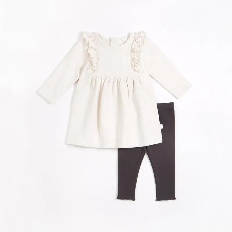 Organic Ruffled Dress & Knit Leggings Set – Heather Oatmeal Tone 1