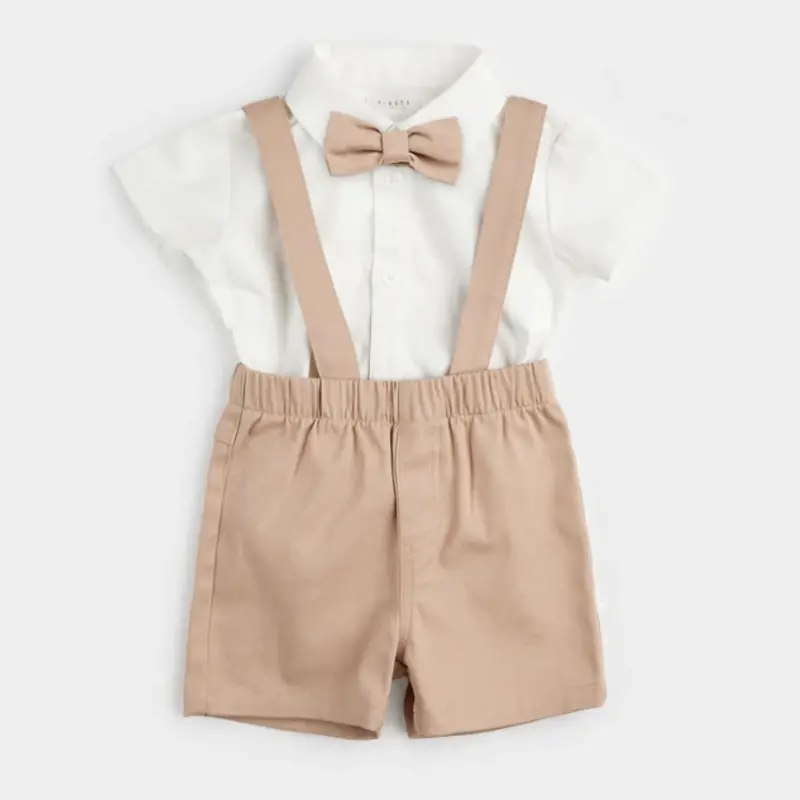 Poplin Shirt And Suspender Short Set With Bowtie Accent 1