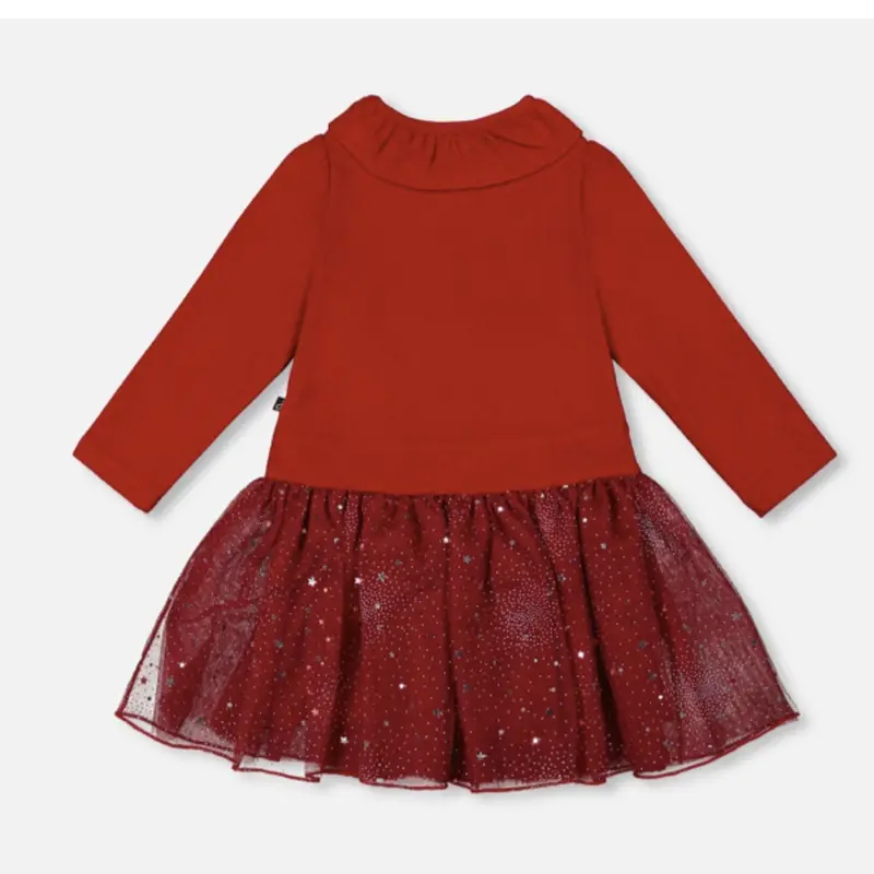 Red Bi-Material Dress With Glitter Skirt Accent 1