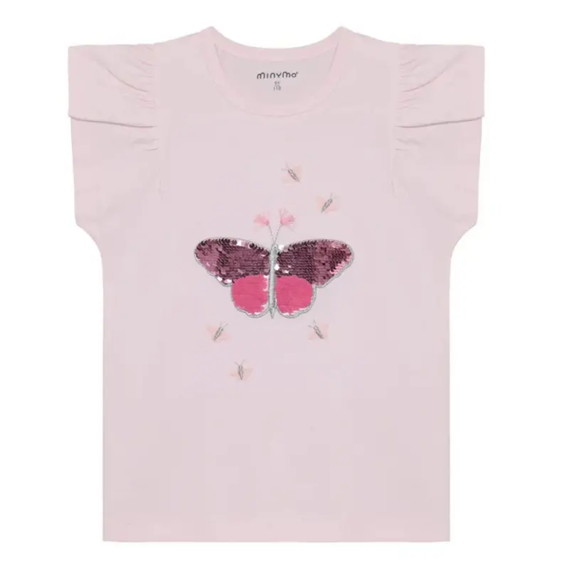 Rose-Colored Cotton Tee Featuring Sequined Butterfly Detail 1