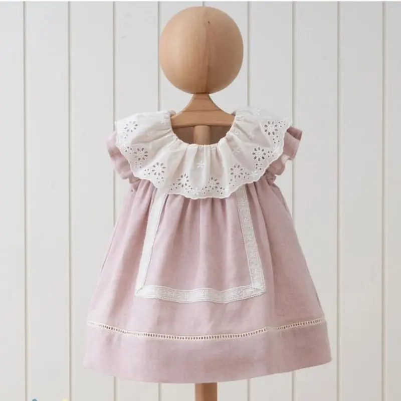 Rose-Colored Sleeveless Linen Dress With Scalloped Collar 1