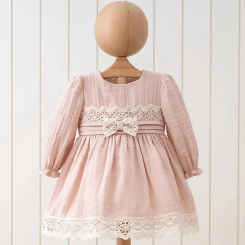 Salmon Pink Muslin Dress With Long Sleeves And Lace Trim 1