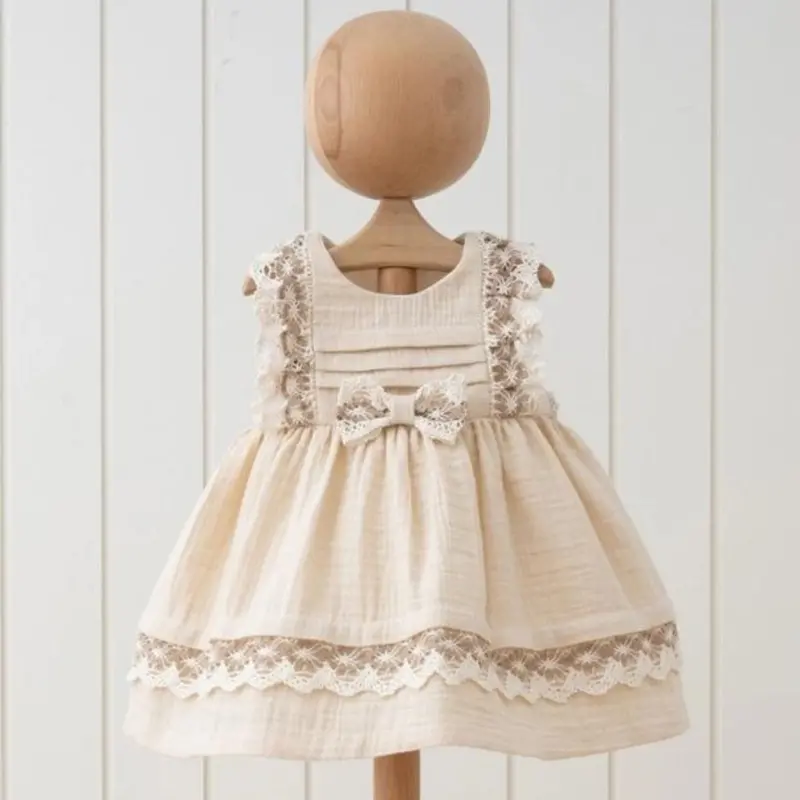 Sleeveless Natural Muslin Dress With Elegant Lace Detailing 1