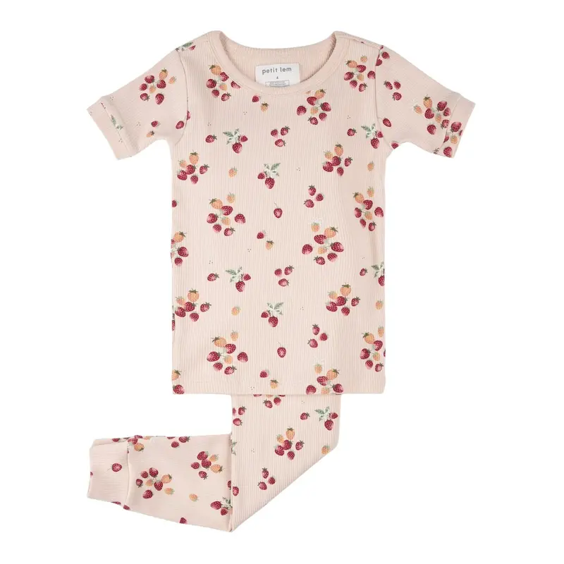 Soft Pink Ribbed Strawberry Pj Set With Short Sleeves 1