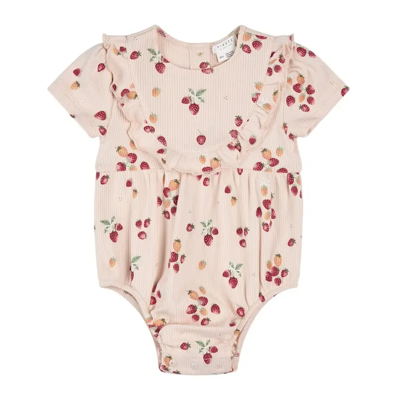 Strawberry-Print Ribbed Pint Bubble Romper 1