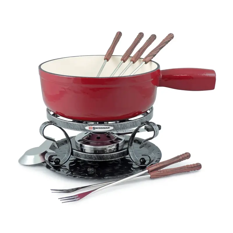 Swissmar 9-Piece Red Fondue Set With Dual-Temperature Burner 1